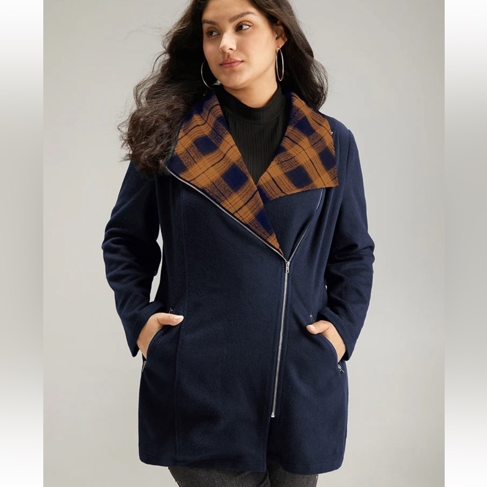 BloomChic Plaid Patchwork Lapel Collar Zipper Coat